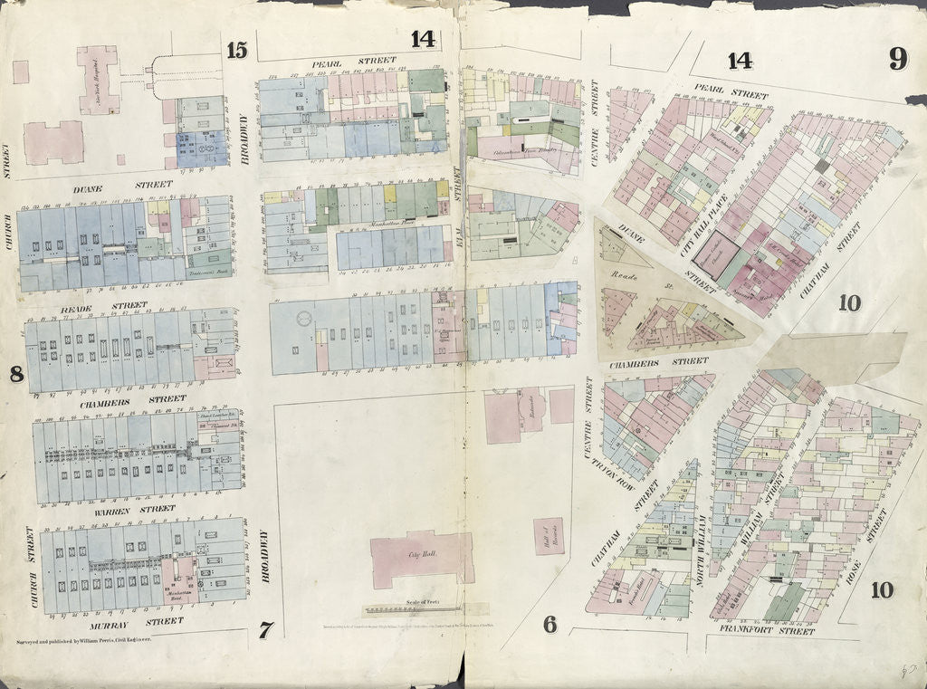 Detail of Map bounded by Pearl Street, Chatham Street, Duane Street, Rose Street, Frankfort Street, City Hall Square, Murray Street, Church Street. 1857 by Anonymous