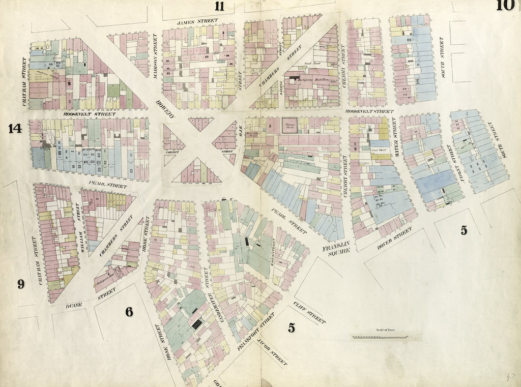 Detail of Map bounded by Chatham Street, James Street, South Street, Dover Street, Franklin Square, Frankfort Street, Fose Street, Duane Street. 1857 by Anonymous