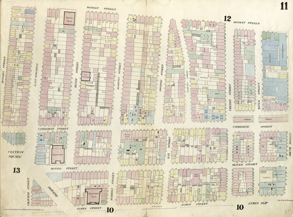 Detail of Map bounded by Chatham Square, Division Street, Market Street, South Street, James Slip, James Street. 1857 by Anonymous