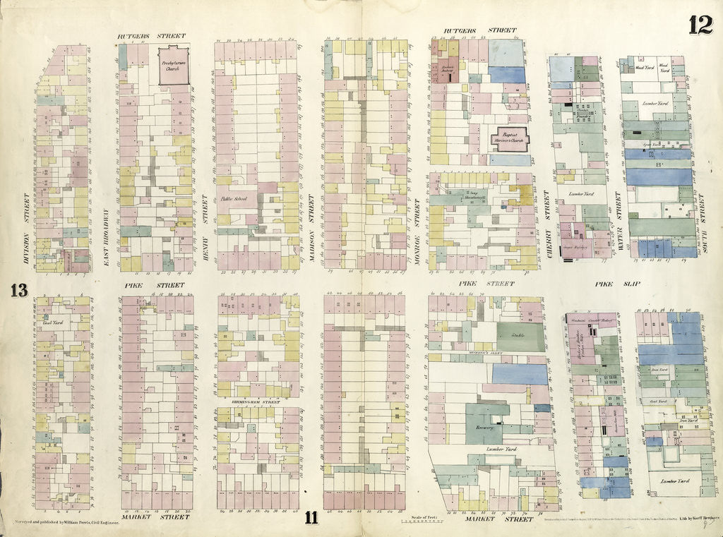 Detail of Map bounded by Division Street, Rutgers Street, South Street, Market Street. 1857 by Anonymous