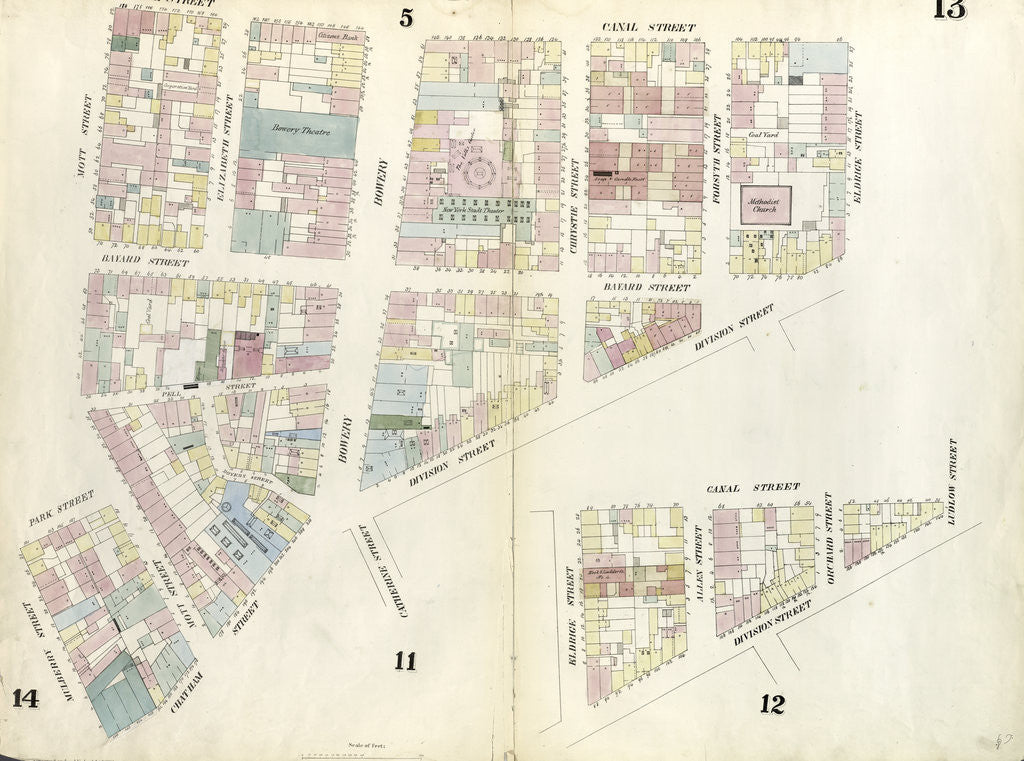 Detail of Map bounded by Canal Street, Division Street, Chatham Square, Mulberry Street, Cross Street, Mott Street. 1857 by Anonymous