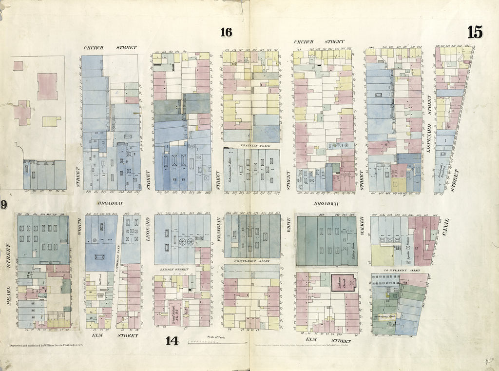 Detail of Map bounded by Canal Street, Elm Street, Pearl street, Church Street. 1857 by Anonymous