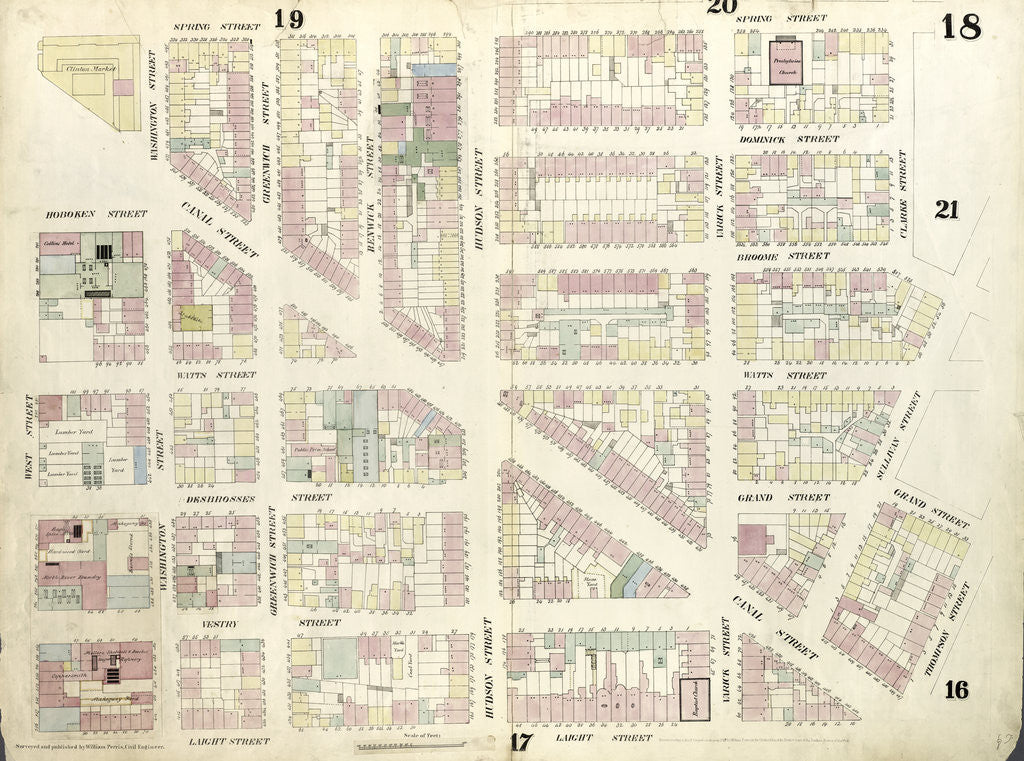 Detail of Map bounded by Spring Street, Clarke Street, Broome Street, Sullivan Street, Grand Street, Thompson Street, Laight Street, West Street. 1857 by Anonymous