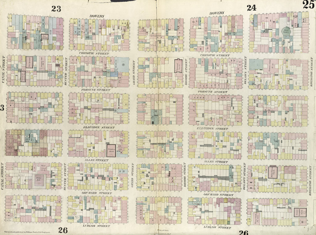 Detail of Map bounded by Rivington Street, Ludlow Street, Canal Street, Bowery. 1857 by Anonymous
