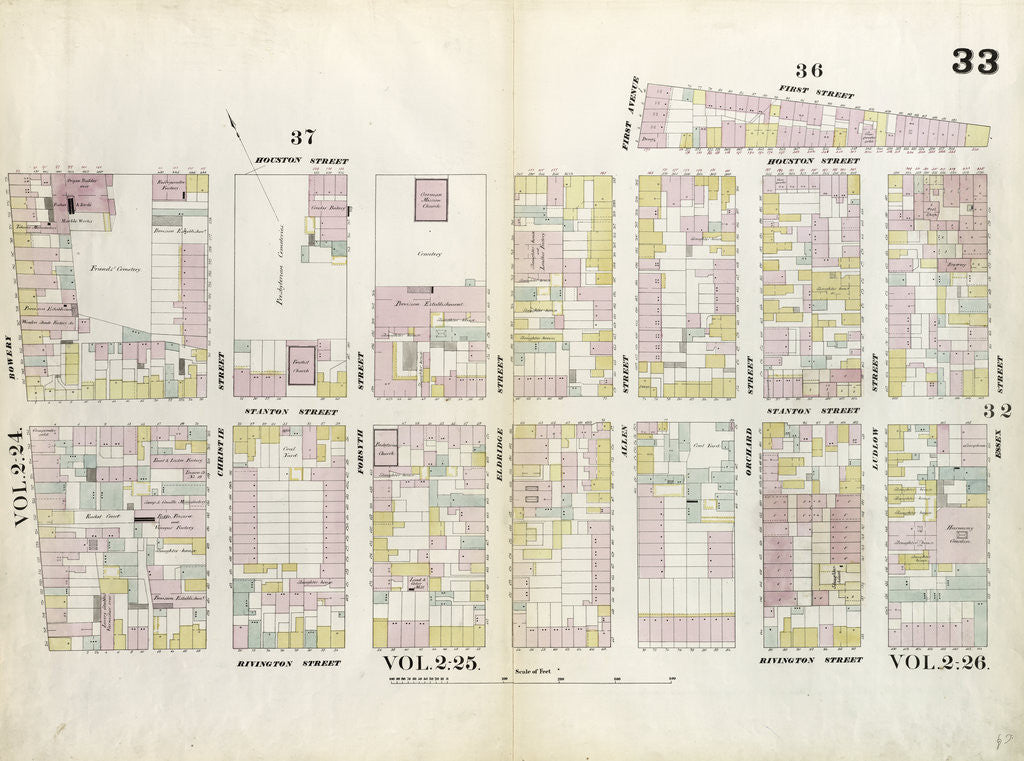 Detail of Map bounded by Houston Street, Allen Street, 1st Street, Essex Street, Rivington Street, Bowery. 1857 by Anonymous