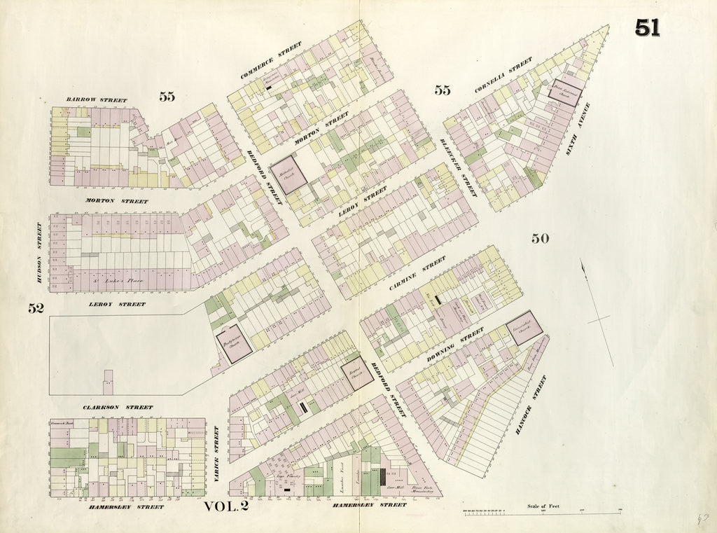 Detail of Map bounded by Bleeker Street, Cornelia Street, Sixth Avenue, Carmine Street, Bleeker Street, Hancock Street, Hammersley Street, Hudson Street, Barrow Street, Commerce Street. 1857 by Anonymous