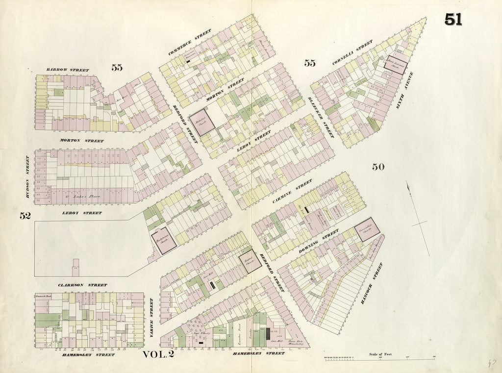 Detail of Map bounded by Bleeker Street, Cornelia Street, Sixth Avenue, Carmine Street, Bleeker Street, Hancock Street, Hammersley Street, Hudson Street, Barrow Street, Commerce Street. 1857 by Anonymous