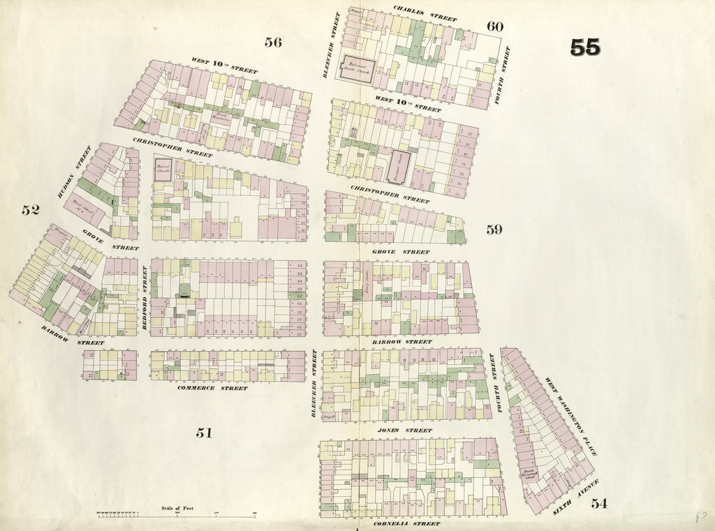 Detail of Map bounded by Charles Street, 4th Street, West Washington Place, Sixth Avenue, Cornelia Street, Bleeker Street, Commerce Street, Hudson Street, West 10th Street, Bleeker Street. 1857 by Anonymous