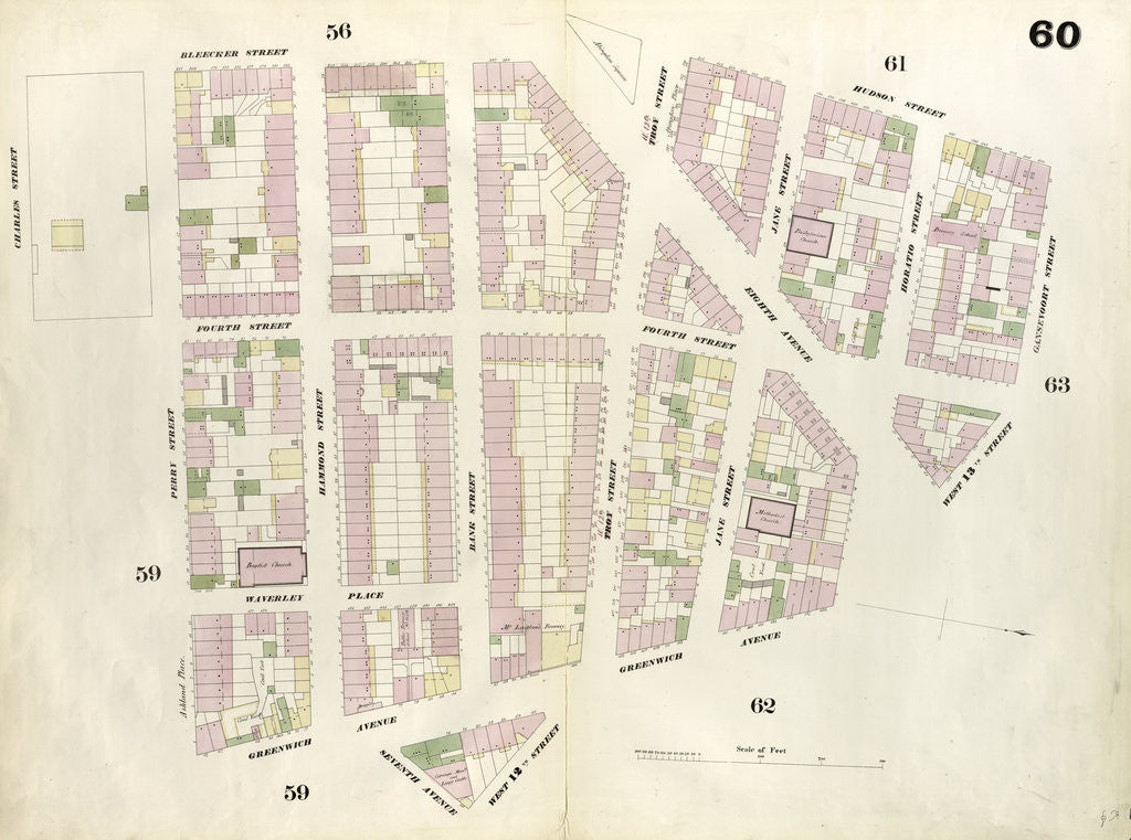 Detail of Map bounded by West 13th Street, Greenwich Avenue, 12th Street, Seventh Avenue, Greenwich Avenue, Perry Street, 4th Street, Charles Street, Bleeker Street, Hudson Street, Gansevoort Street. 1857 by Anonymous