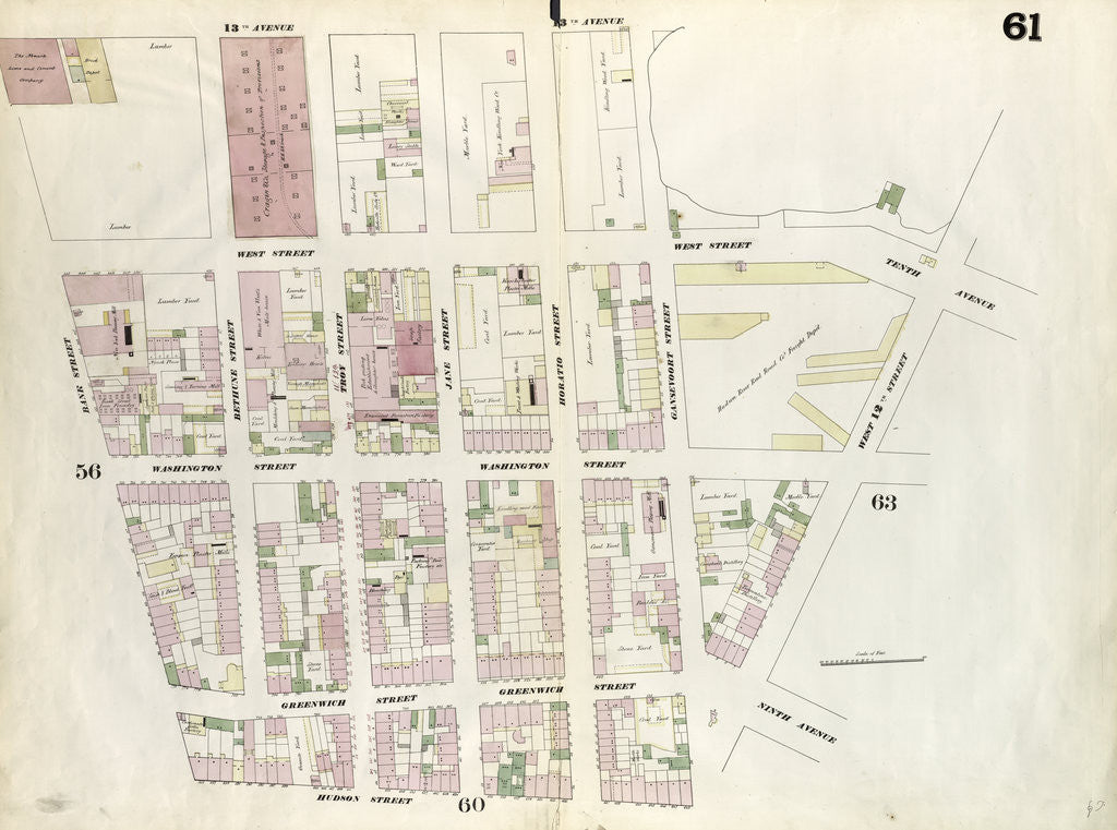 Detail of Map bounded by West 12th Street, Gansevoort Street, Hudson Street, Bank Street, Hudson River. 1857 by Anonymous