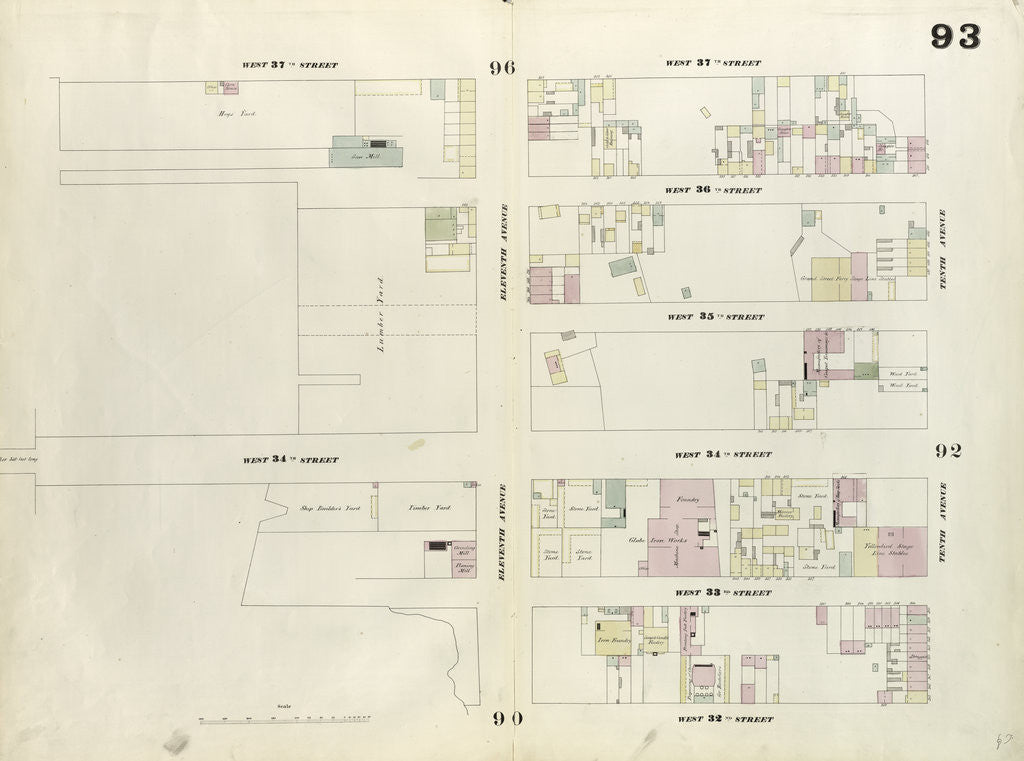 Detail of Map bounded by West 37th Street, Tenth Avenue, West 32nd Street, Hudson River. 1857 by Anonymous