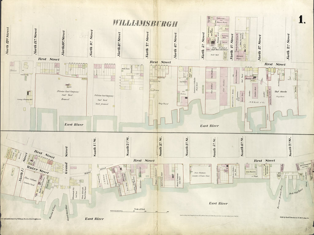 Detail of Map bounded by North 12th Street, 1st Street, North 5th Street, Wythe Street, North 3rd Street, 1st Street, South 7th Street, East River. 1855 by Anonymous