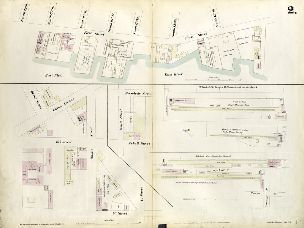 Detail of Map bounded by South 8th Street, 1st Street, Division Street, Devoe Street, Union Avenue, Ainslie Street, 1st Street, 9th Street, Smith Street, Messerole Street, Scholl Street, Waterbury Street, Remsen Street, Wyckoff Street. 1855 by Anonymous