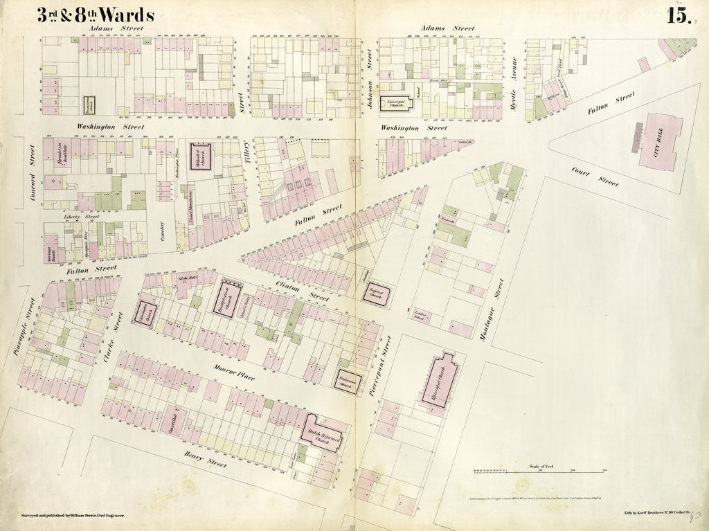 Detail of Map bounded by Pineapple Street, Fulton Avenue, Concord Street, Adams Street, Willoughby Street, Court Street, Montague Street, Henry Street. 1855 by Anonymous