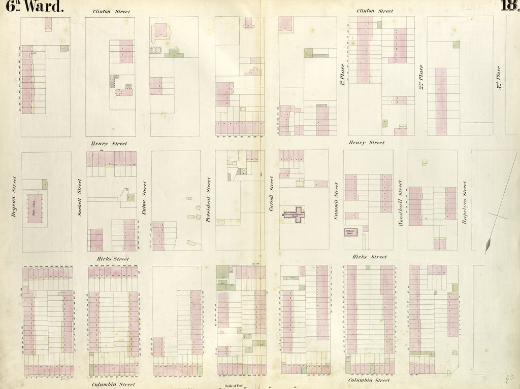 Detail of Map bounded by Degraw Street, Clinton Street, Third Place, Rapelye Street, Columbia Street. 1855 by Anonymous