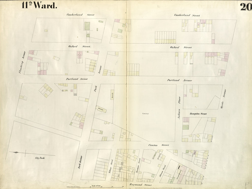 Detail of Map bounded by Flushing Avenue, Cumberland Street, Myrtle Avenue, Raymond Street, Park Avenue, Navy Street. 1855 by Anonymous