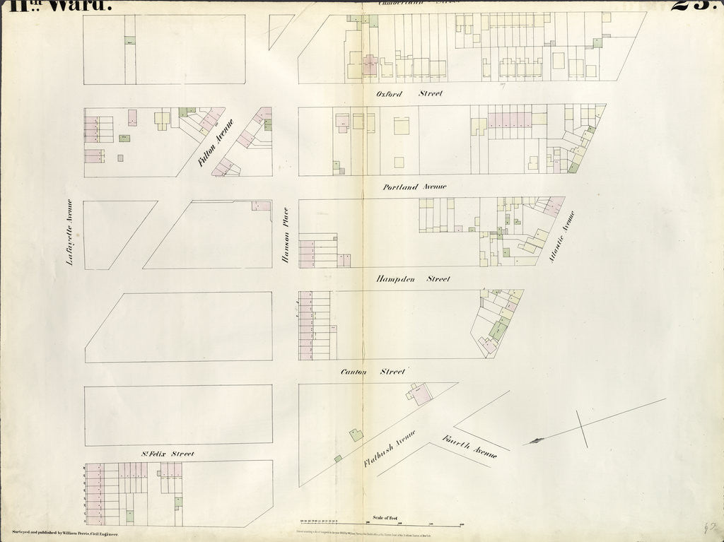 Detail of Map bounded by Lafayette Avenue, Cumberland Street, Atlantic Avenue, 4th Avenue, Raymond Street. 1855 by Anonymous