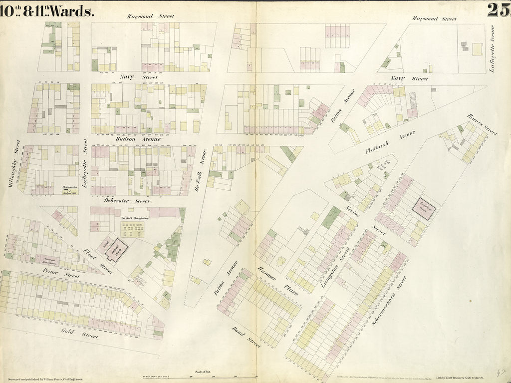 Detail of Map bounded by Willoughby Street, Raymond Street, Lafayette Avenue, Flatbush Avenue, Powers Street, Schermerhorn Street, Bond Street, Fulton Avenue, Gold Street. 1855 by Anonymous
