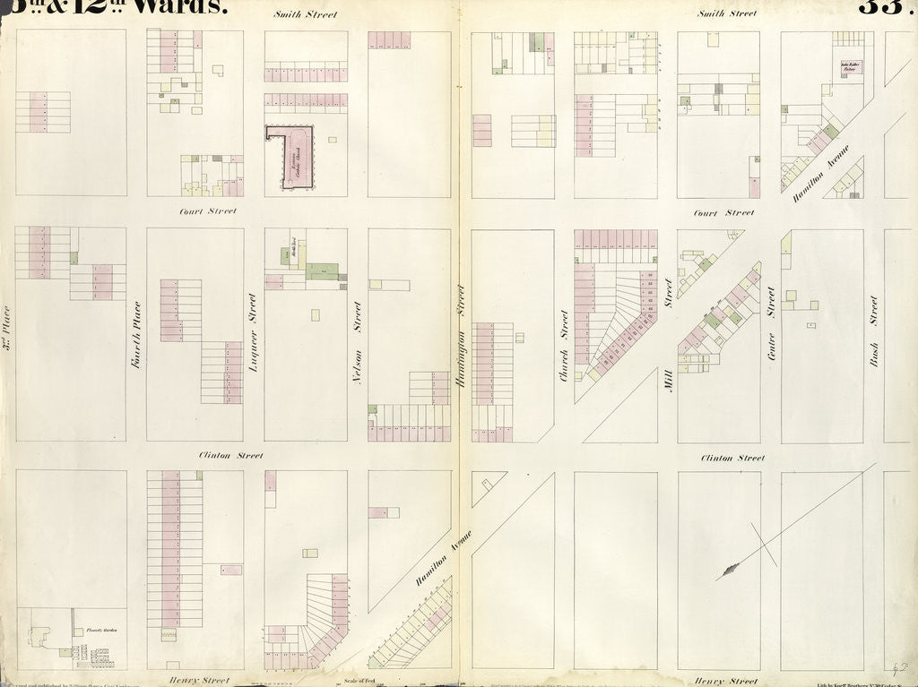 Detail of Map bounded by Third Place, Smith Street, Bush Street, Clinton Street, Hamilton Avenue, Henry Street. 1855 by Anonymous