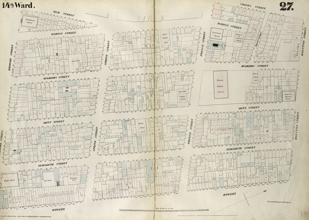 Detail of Map bounded by Houston Street, Bowery, Broome Street, Elm Street, Prince Street, Crosby Street. 1852, 1854 by Anonymous