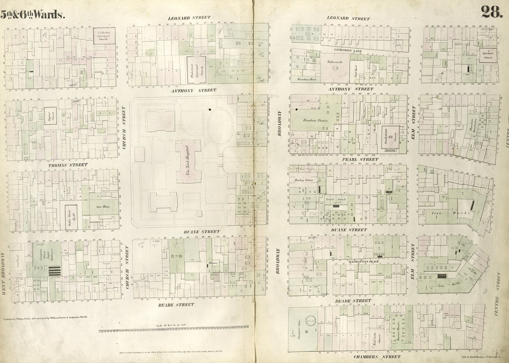 Detail of Map bounded by Leonard Street, Centre Street, Chambers Street, Broadway, Reade Street, West Broadway. 1852, 1854 by Anonymous