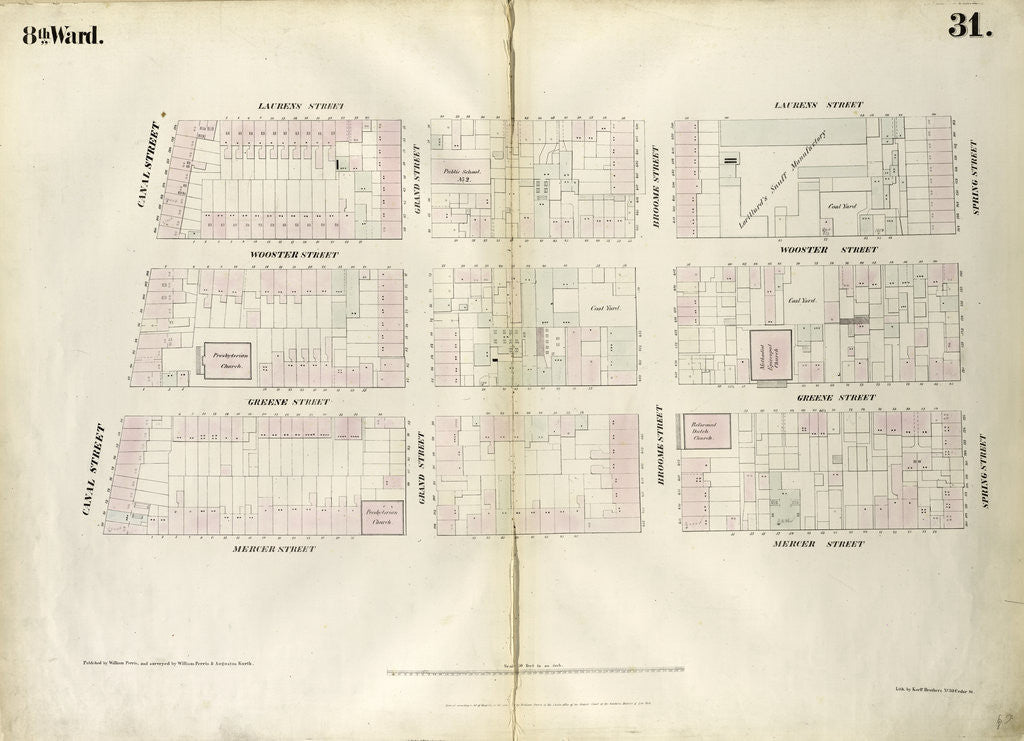 Detail of Map bounded by Spring Street, Mercer Street, Canal Street, Laurens Street. 1852, 1854 by Anonymous