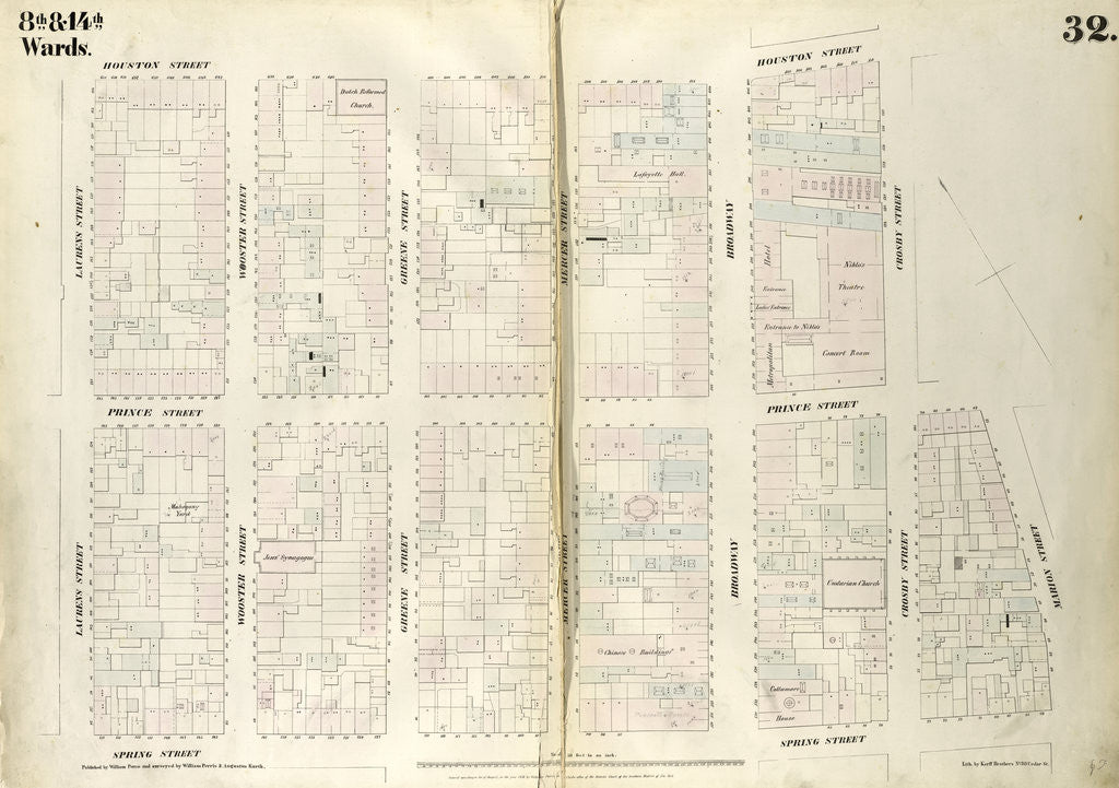 Detail of Map bounded by Houston Street, Crosby Street, Prince Street, Marion Street, Spring Street, Laurens Street. 1852, 1854 by Anonymous