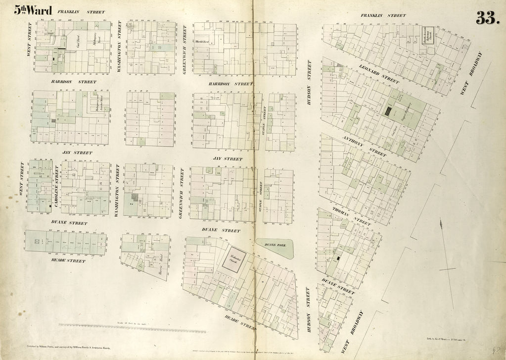 Detail of Map bounded by Franklin Street, West Broadway, Reade Street, West Street. 1852, 1854 by Anonymous