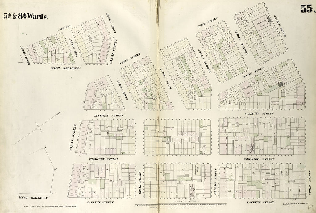 Detail of Map bounded by Spring Street, Laurens Street, Canal Street, West Broadway, Beach Street, St. John's Lane, Laight Street, Canal Street, Varick Street. 1852, 1854 by Anonymous