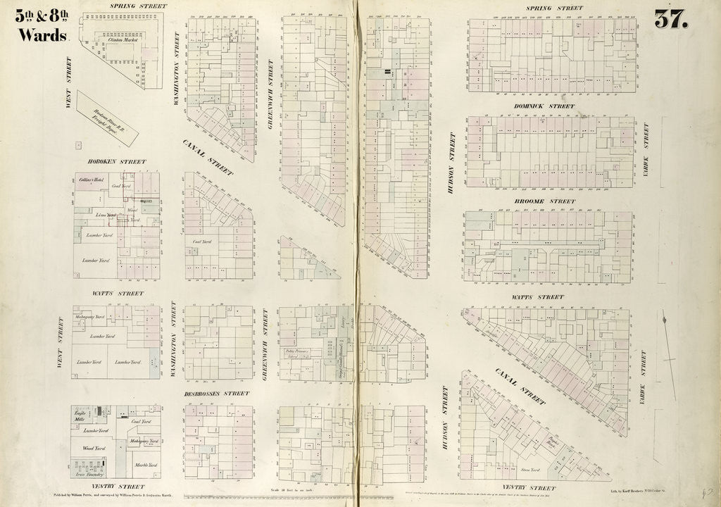 Detail of Map bounded by Spring Street, Varick Street, Vestry Street, West Street. 1852, 1854 by Anonymous