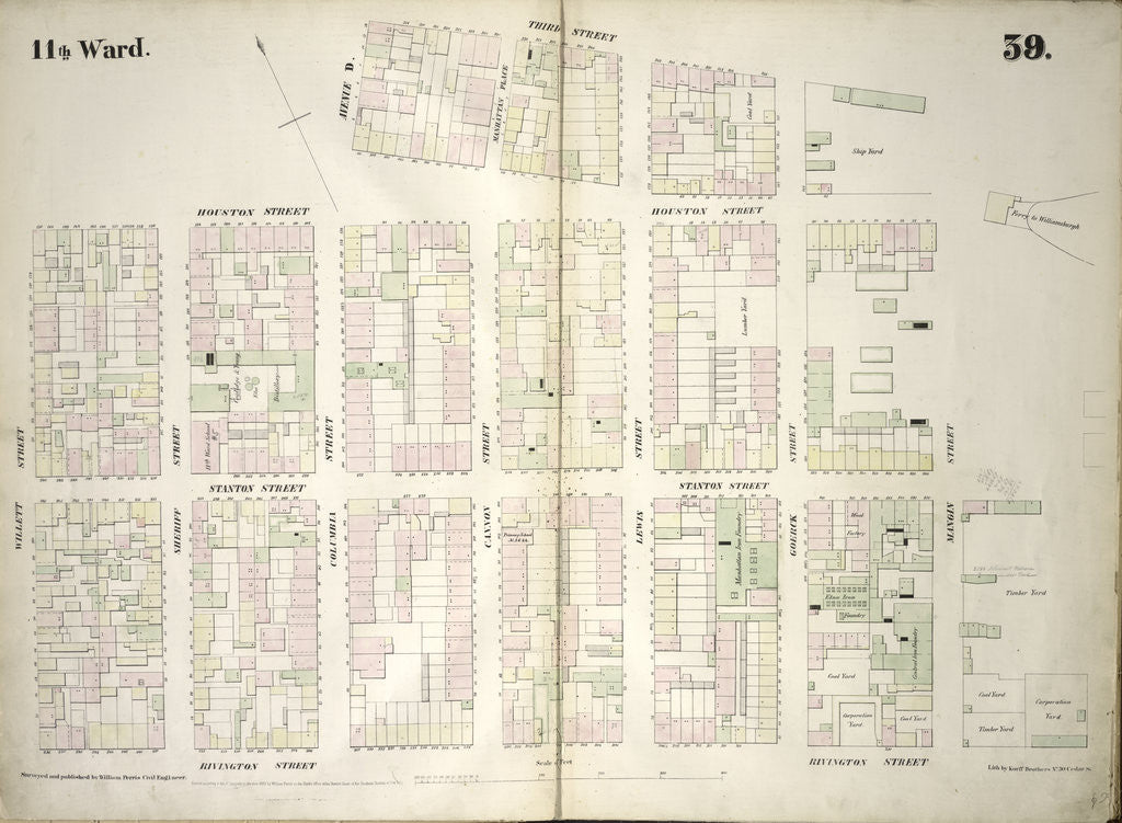 Detail of Map bounded by Houston Street, Avenue D, 3rd Street, East River, Rivington Street, Willett Street. 1852, 1854 by Anonymous