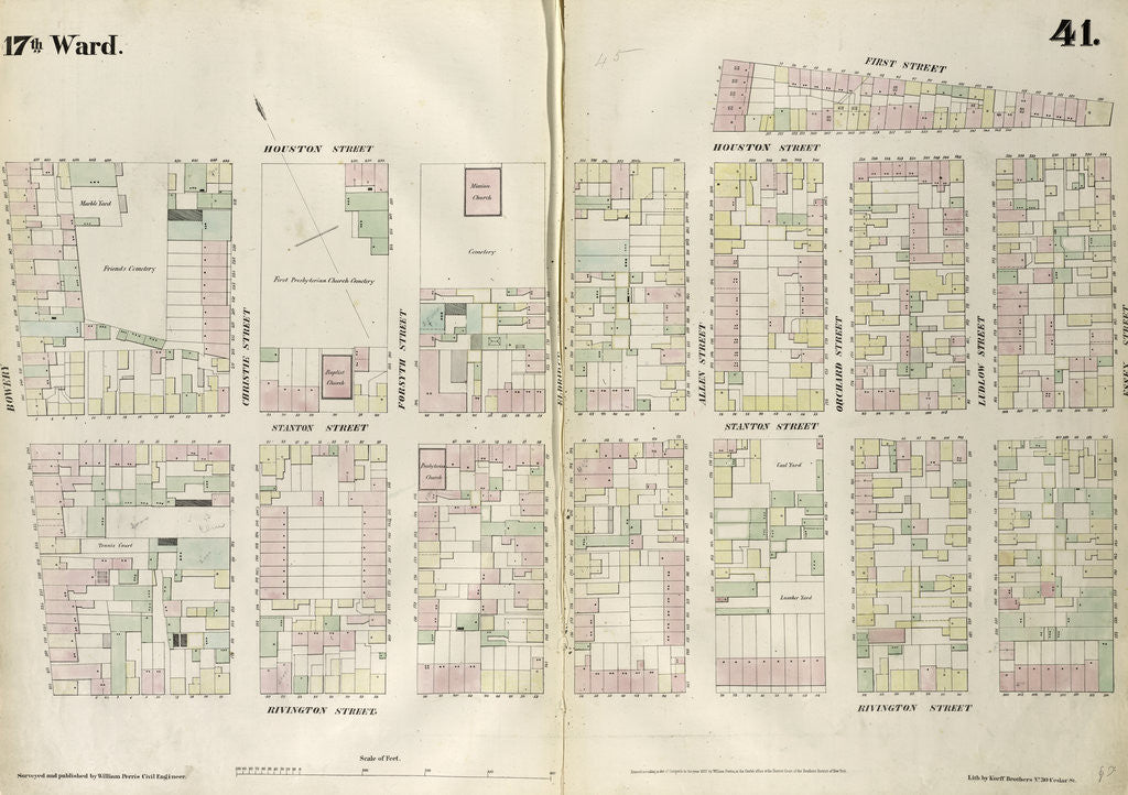 Detail of Map bounded by Houston Street, Allen Street, First Street, Essex Street, Rivington Street, Bowery. 1852, 1854 by Anonymous
