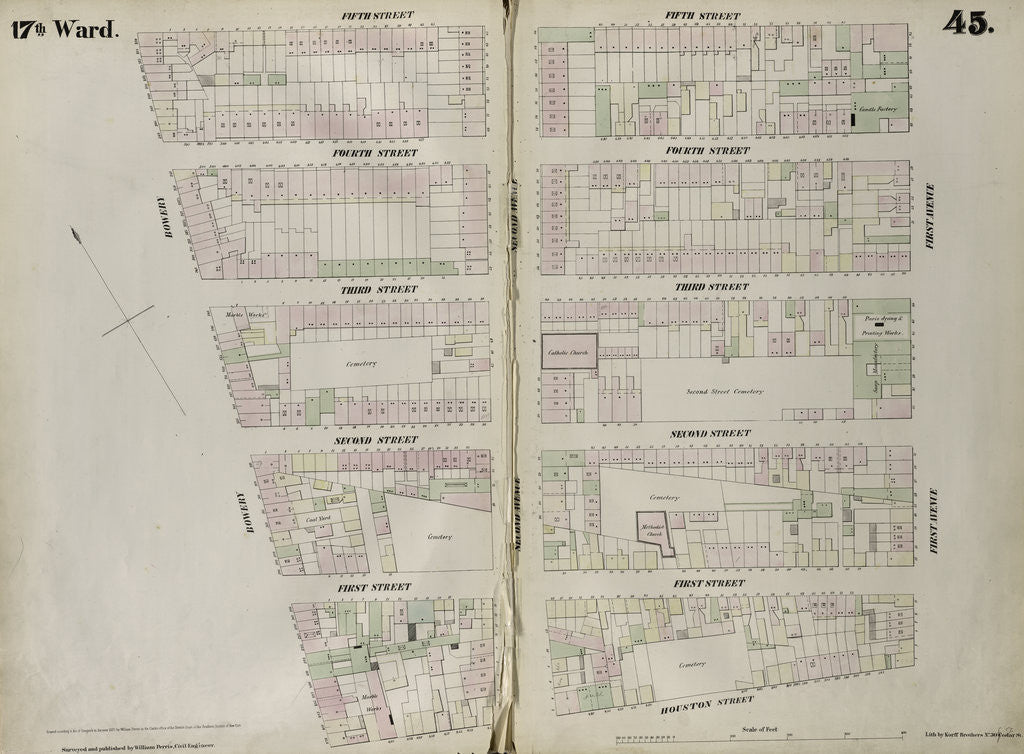 Detail of Map bounded by Fifth Street, First Avenue, Houston Street, Bowery. 1852, 1854 by Anonymous