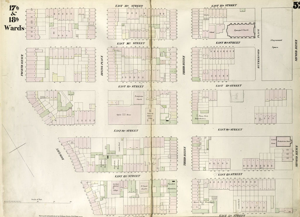 Detail of Map bounded by East 17th Street, Second Avenue, East 12th Street, Bowery, Fourth Avenue. 1852, 1854 by Anonymous