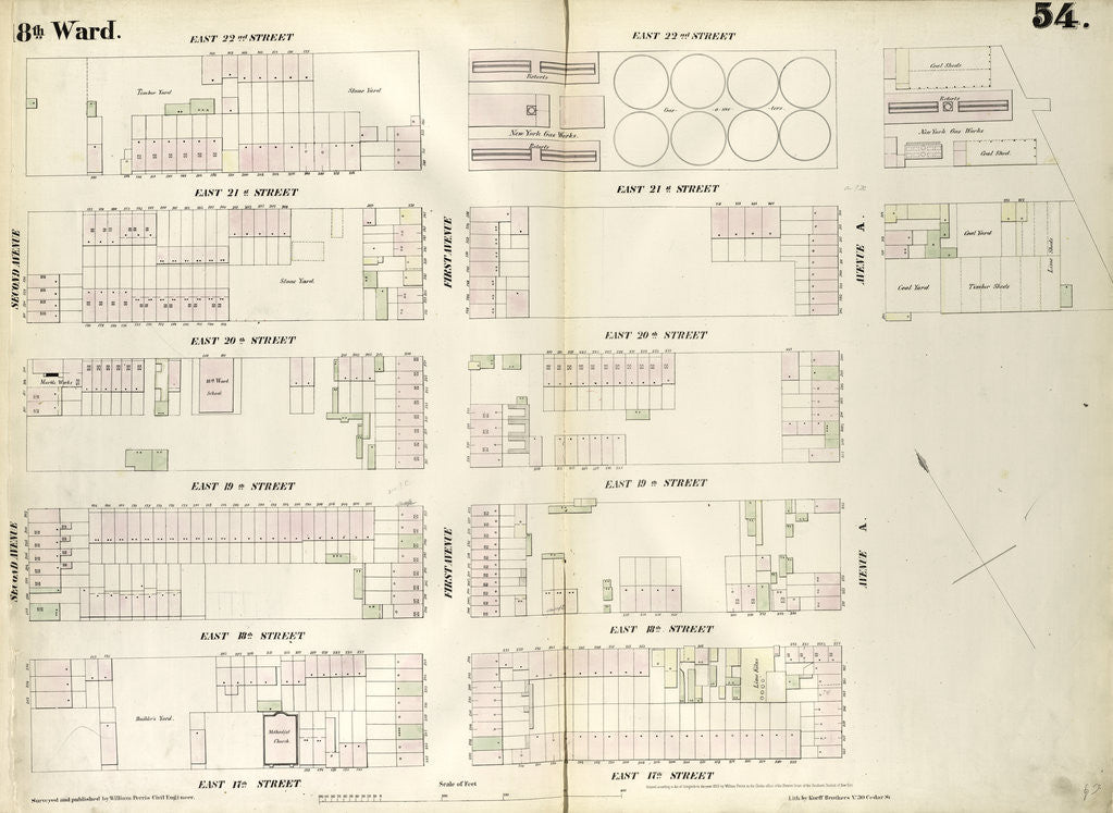 Detail of Map bounded by East 22nd Street, East River, East 20th Street, Avenue A, East 17th Street, Second Avenue. 1852, 1854 by Anonymous
