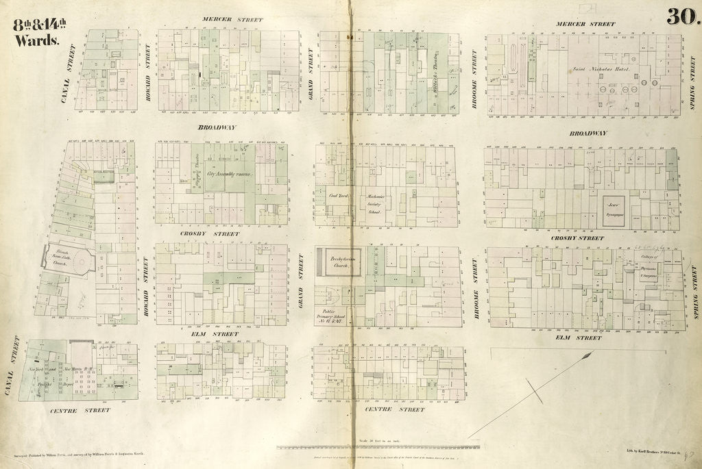 Detail of Map bounded by Spring Street, Elm Street, Broome Street, Centre Street, Canal Street, Mercer Street. 1852, 1854 by Anonymous
