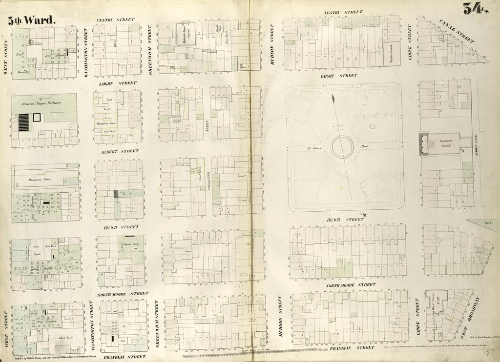 Detail of Map bounded by Vestry Street, Canal Street, Laight Street, St. John's Lane, West Broadway, Franklin Street, West Street. 1852, 1854 by Anonymous