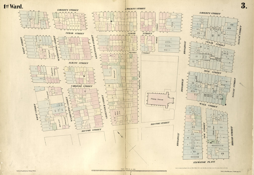 Detail of Map bounded by Liberty Street, Nassau Street, Broad Street, Exchange Place, Broadway, Rector Street, West Street. 1852, 1854 by Anonymous