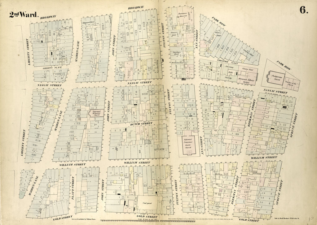 Detail of Map bounded by Broadway, Park Row, Spruce Street, Gold Street, Liberty Street. 1852, 1854 by Anonymous
