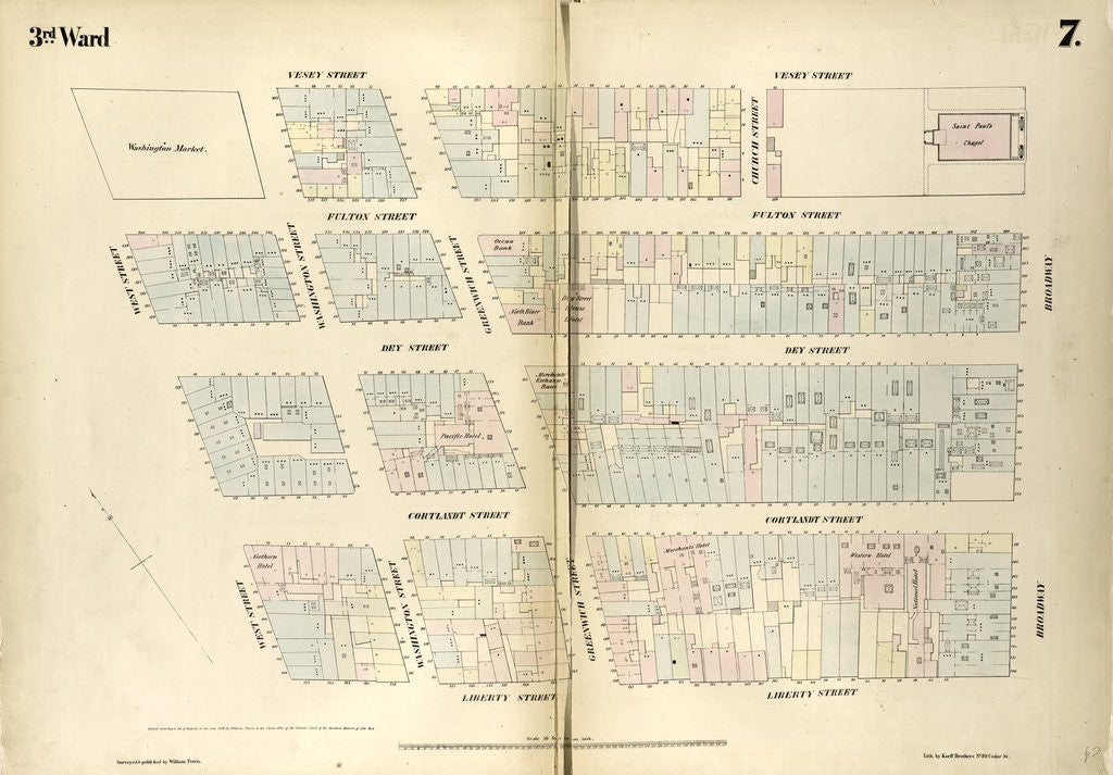 Detail of Map bounded by Vesey Street, Broadway, Liberty Street, West Street. 1852, 1854 by Anonymous