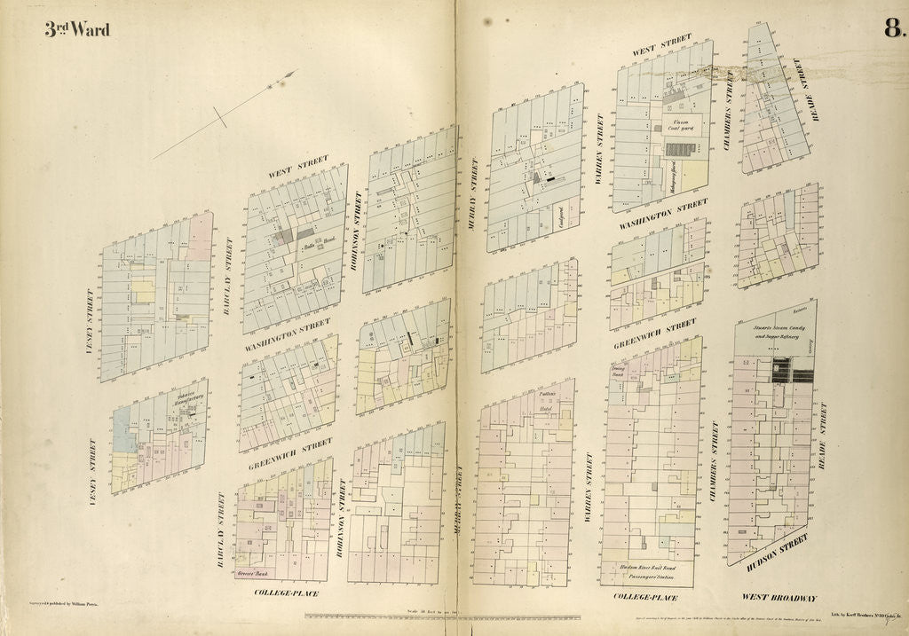 Detail of Map bounded by West Street, Reade Street, Hudson Street, College Place, Barclay Street, Greenwich Street, Vessey Street. 1852, 1854 by Anonymous