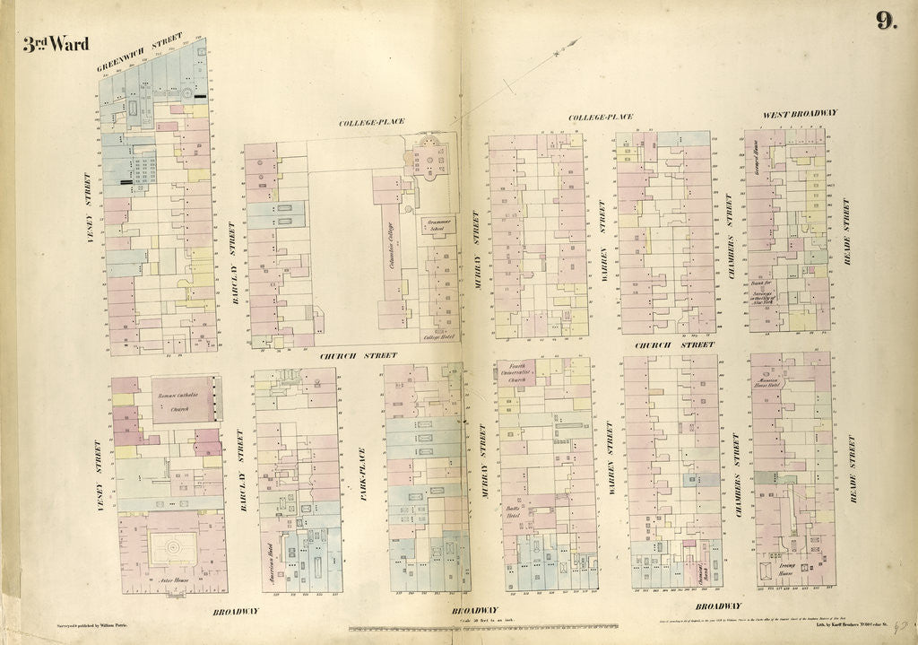 Detail of Map bounded by Greenwich Street, Barclay Street, College Place, West Broadway, Reade Street, Broadway, Vesey Street. 1852, 1854 by Anonymous