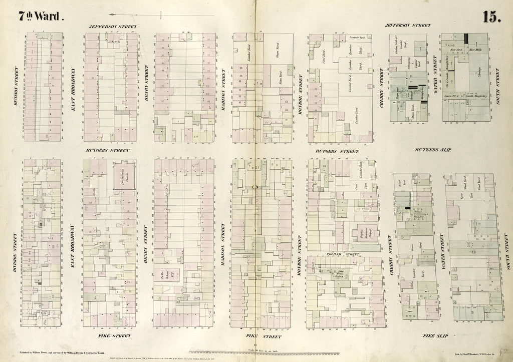 Detail of Map bounded by Division Street, Jefferson Street, South Street, Pike Slip, Pike Street. 1852, 1854 by Anonymous