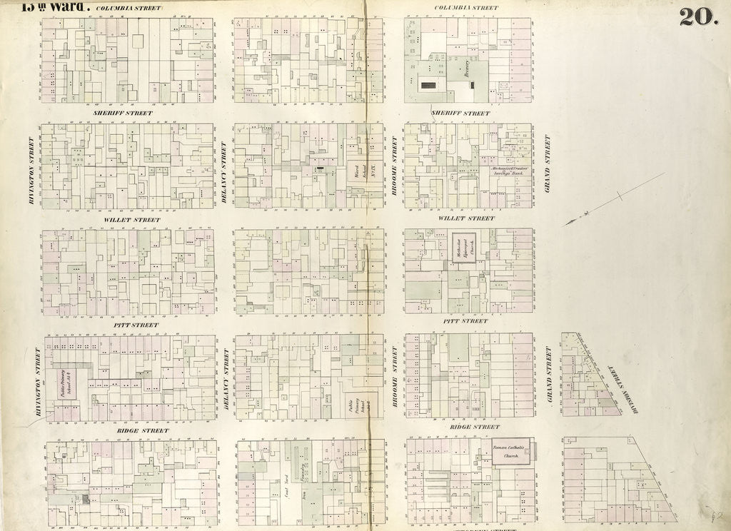 Detail of Map bounded by Rivington Street, Columbia Street, Grand Street, Division Street, Attorney Street. 1852, 1854 by Anonymous