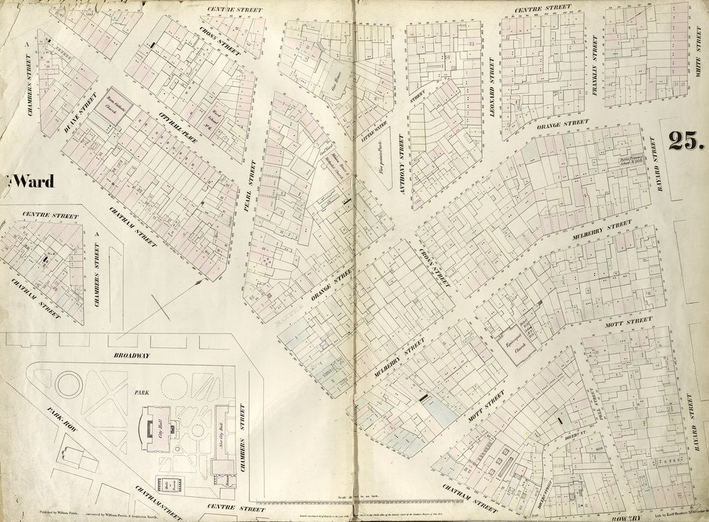 Detail of Map bounded by Chambers Street, Center Street, White Street, Orange Street, Bayard Street, Bowery, Chatham Street, Park Row, Chatham Street, Broadway. 1852, 1854 by Anonymous