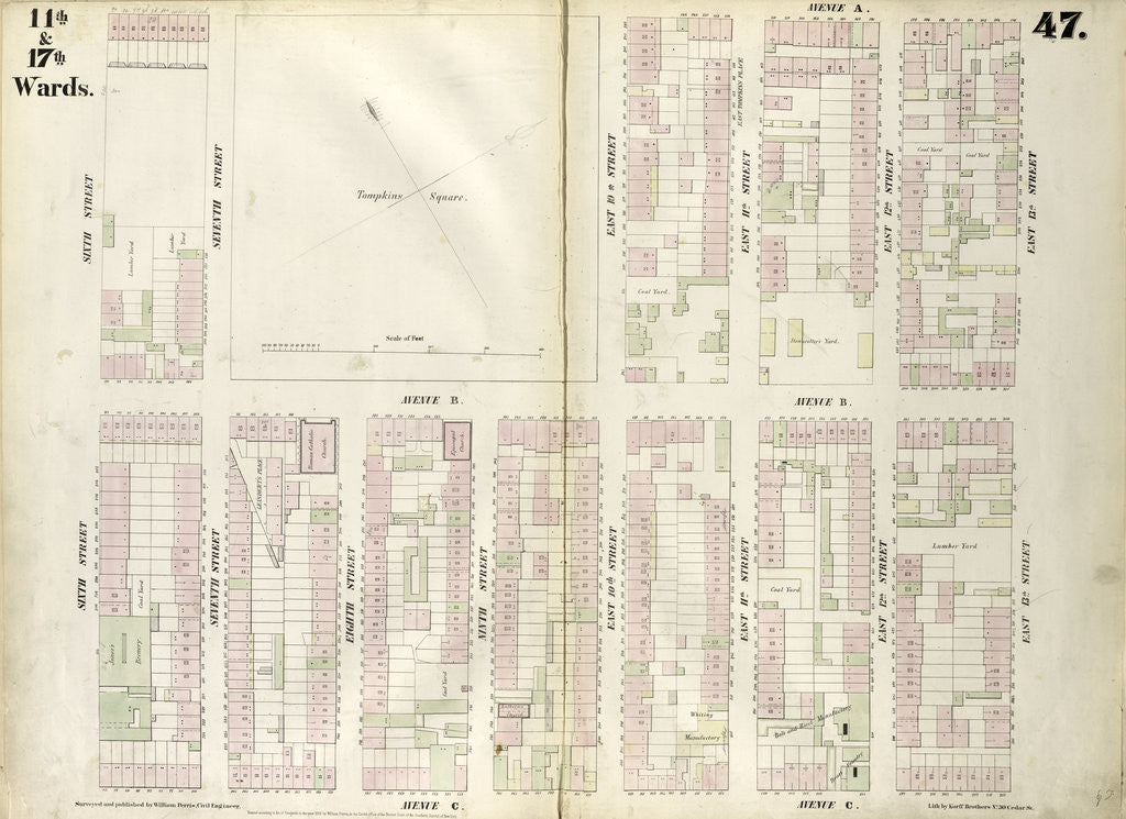 Detail of Map bounded by East 13th Street, Avenue C, Sixth Street, Avenue A. 1852, 1854 by Anonymous
