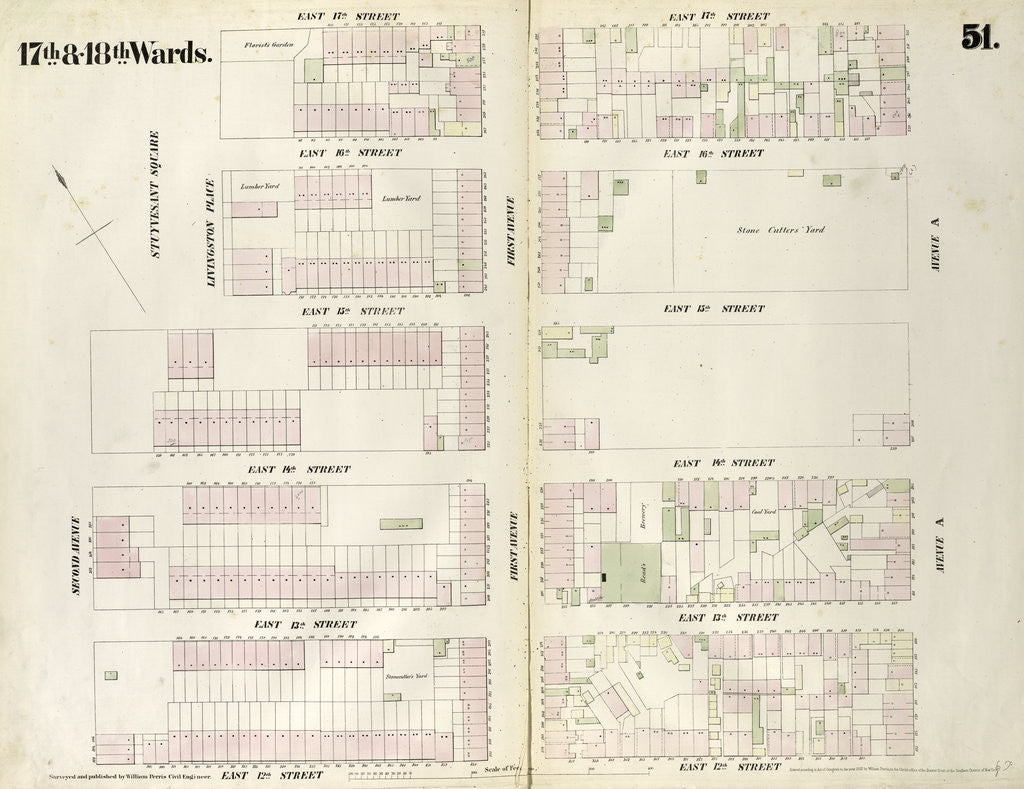 Detail of Map bounded by East 15th Street, Livingston Place, East 17th Street, Aveneu A East 12th Streeet, Second Avenue. 1852, 1854 by Anonymous