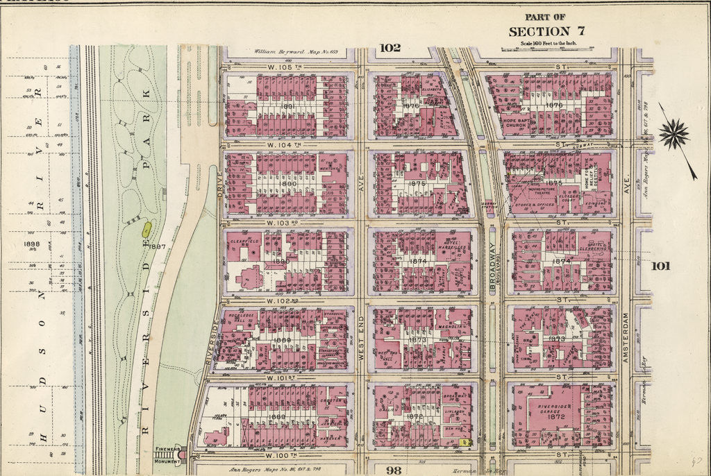Detail of Bounded by W. 105th Street, Amsterdam Avenue, W. 100th Street,and Hudson River, Riverside Park Riverside Drive, New York by Anonymous