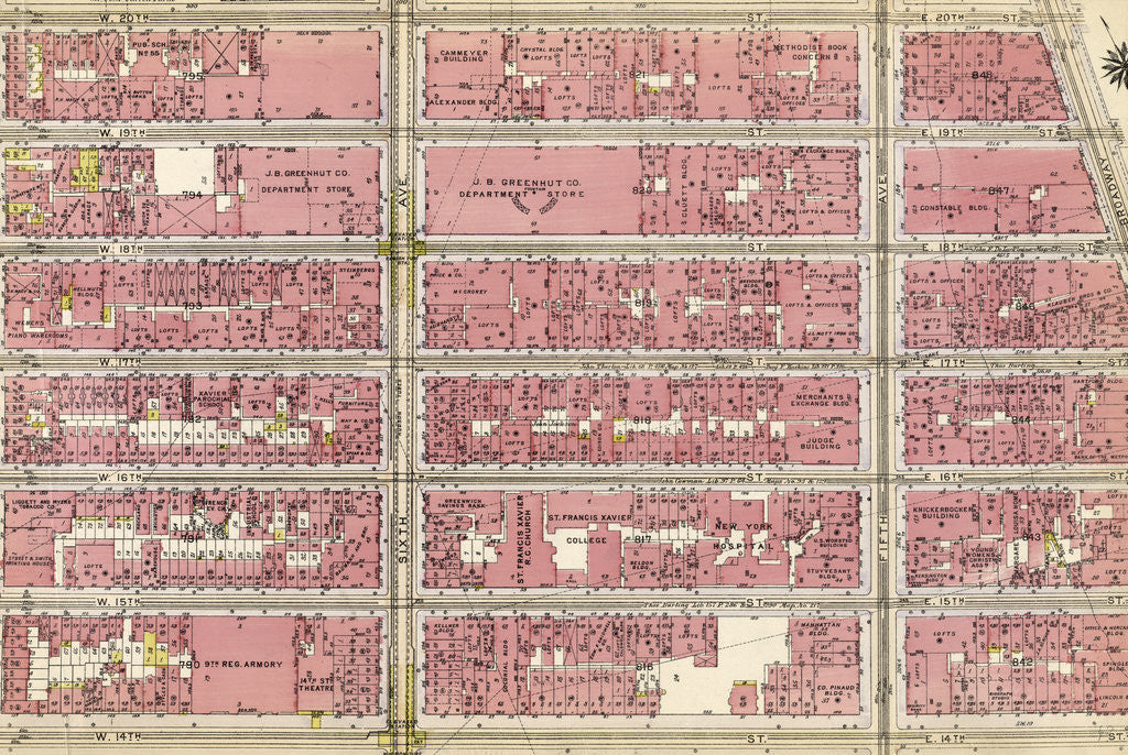 Detail of Bounded by W. 20th Street, Broadway, Washington Square, E. 14th Street, W. 14th Street, and Seventh Avenue, New York by Anonymous