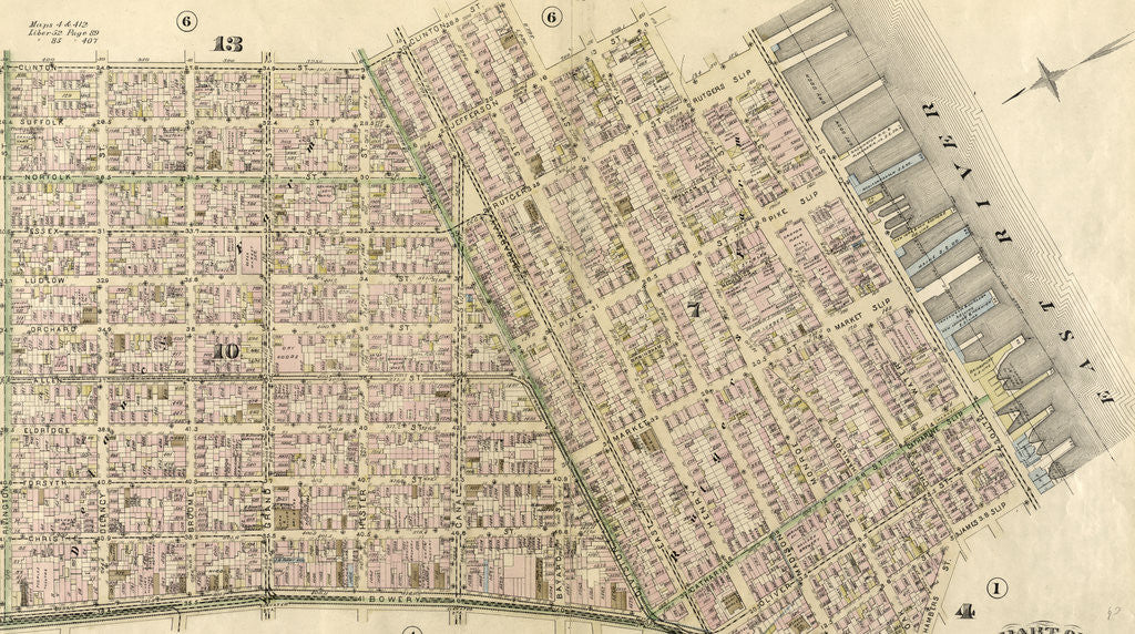 Detail of Bounded by Clinton Street, Madison Street, Jefferson Street, Cherry Street, Rutgers Slip, South Street East River, Piers 32-44, James Slip, New Chambers Street, New Bowery Street, Bowery Street and Rivington Street, New York by Anonymous